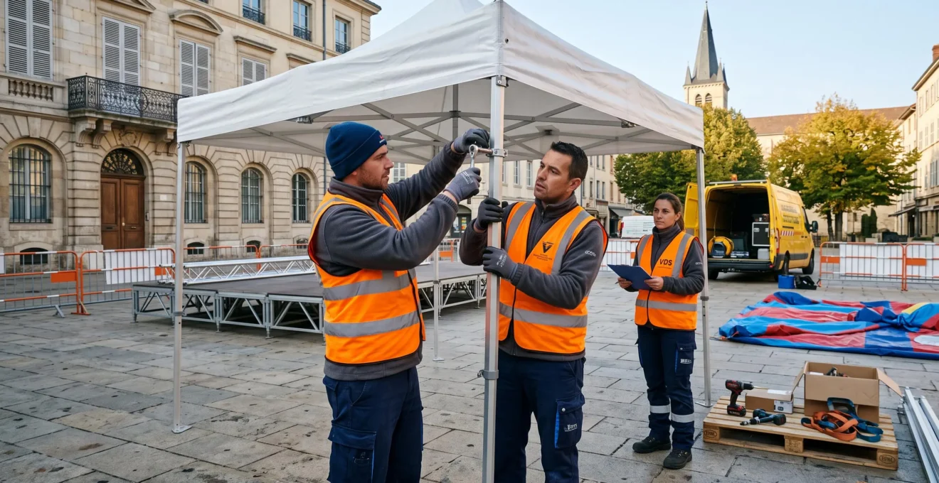 Agents municipaux ou prestataires événementiels installant des structures modulaires et équipements sur une place publique française, illustrant la dimension logistique et opérationnelle de l'organisation d'animations municipales.