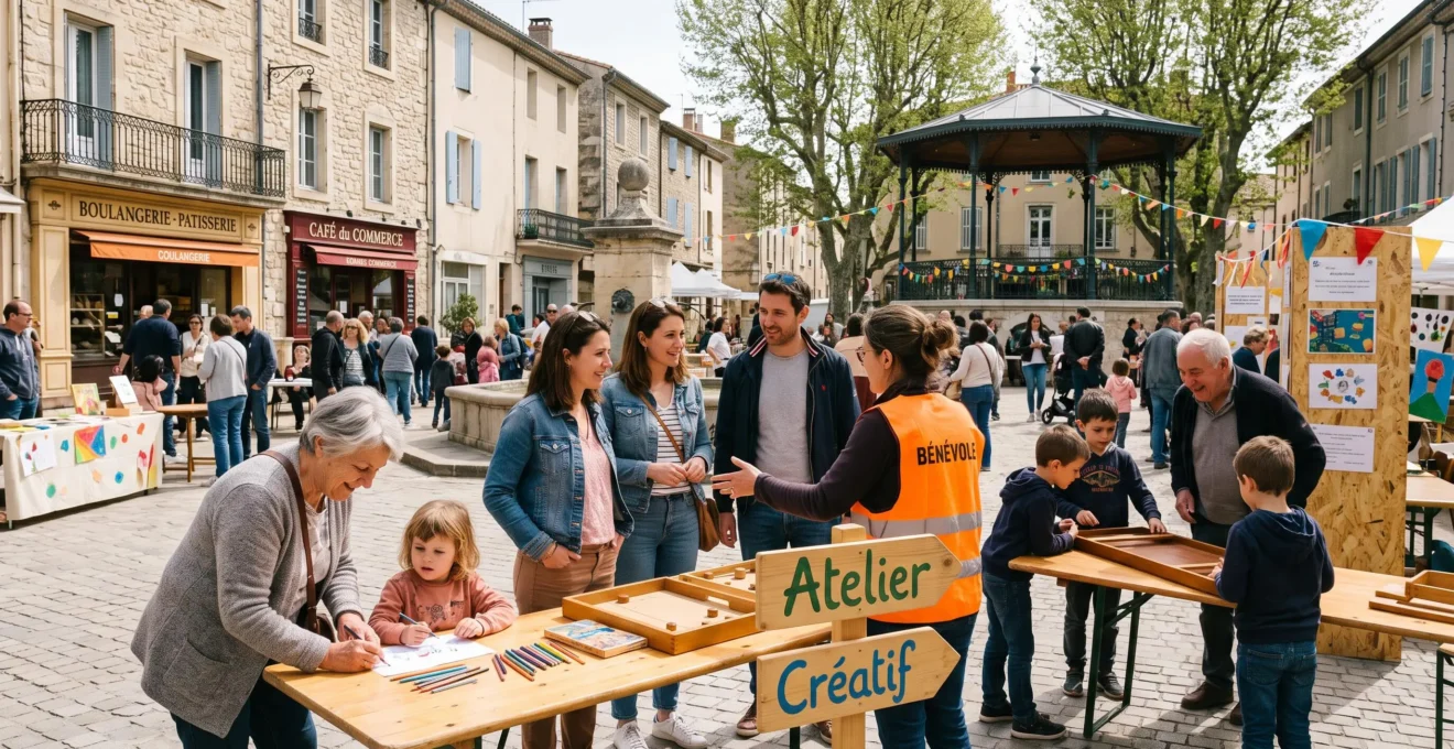 Familles de plusieurs générations participant à une animation publique sur une place de commune française, avec enfants et grands-parents jouant ensemble autour de stands d'ateliers et jeux, encadrés par des bénévoles, sous lumière naturelle de jour.