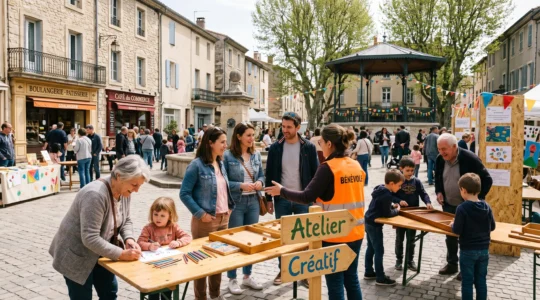 Familles de plusieurs générations participant à une animation publique sur une place de commune française, avec enfants et grands-parents jouant ensemble autour de stands d'ateliers et jeux, encadrés par des bénévoles, sous lumière naturelle de jour.
