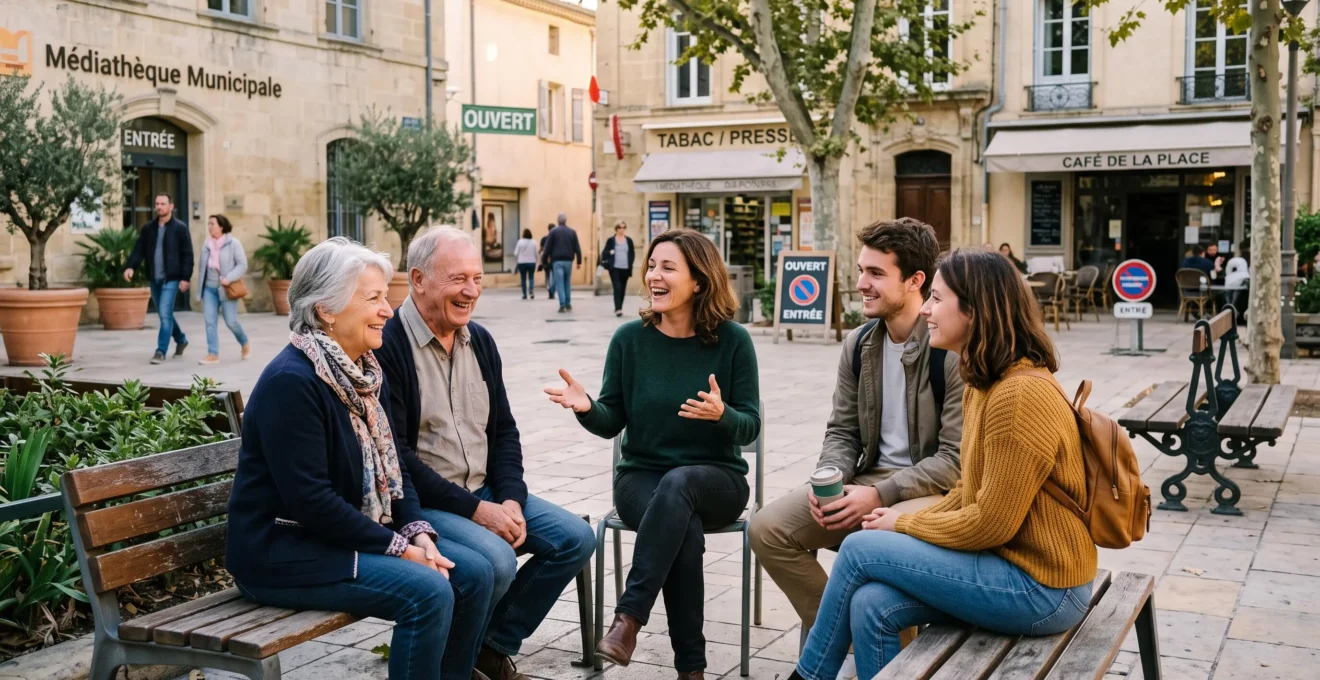 Groupe intergénérationnel de résidents français conversant paisiblement sur un espace public aménagé, illustrant le lien social et la mixité des âges dans la vie communautaire locale.
