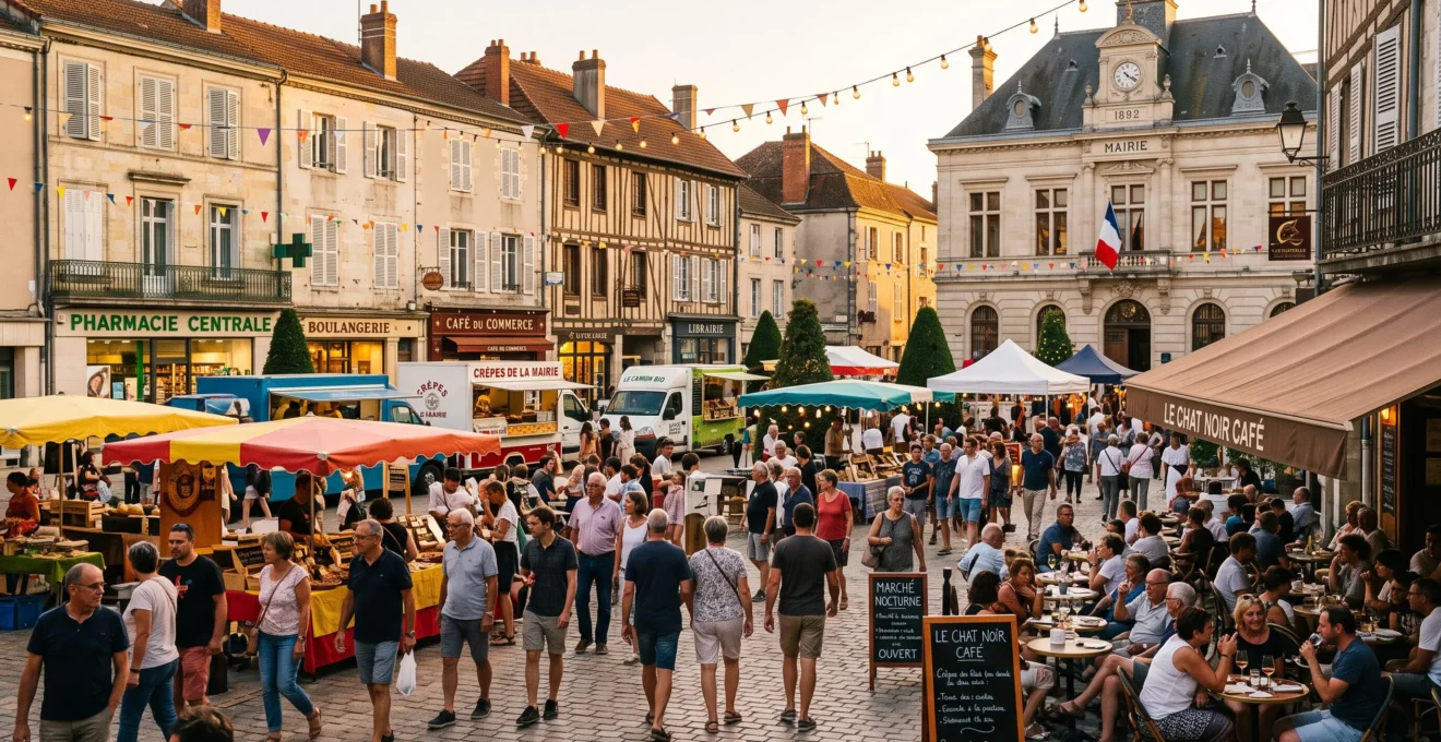 Rue piétonne de centre-bourg français animée par un événement estival avec stands colorés, guirlandes lumineuses, passants nombreux et commerces ouverts, illustrant la redynamisation locale lors d'une animation publique.